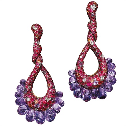 De Grisogono - Rose gold earrings with amethysts, rubies, orange sapphires and diamonds.