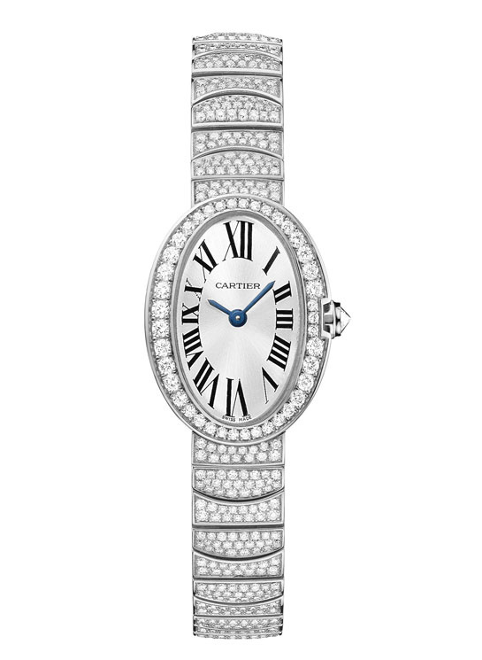 Cartier  The small Baignoire in gray gold and diamond pave. Price on request.