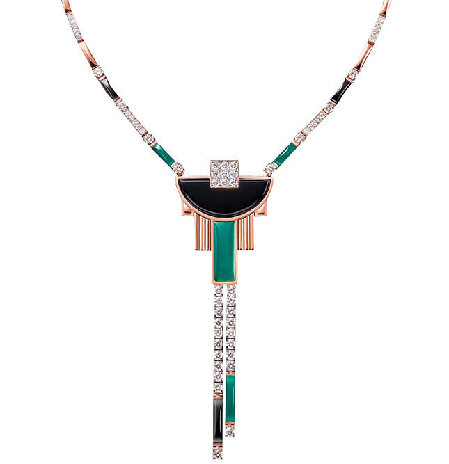 Necklace in rose gold with onyx , green agate and diamonds